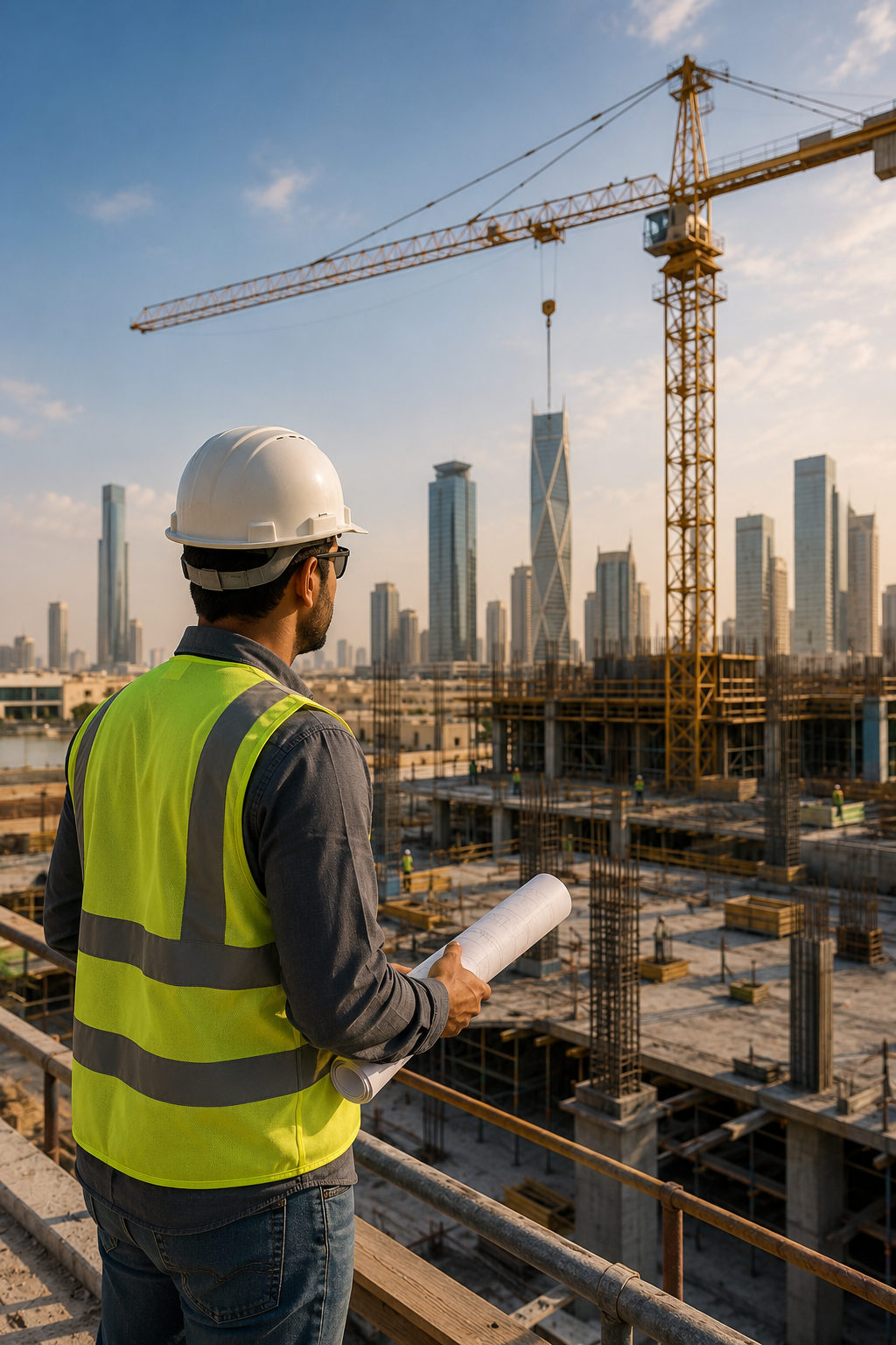 Workers on a building construction site